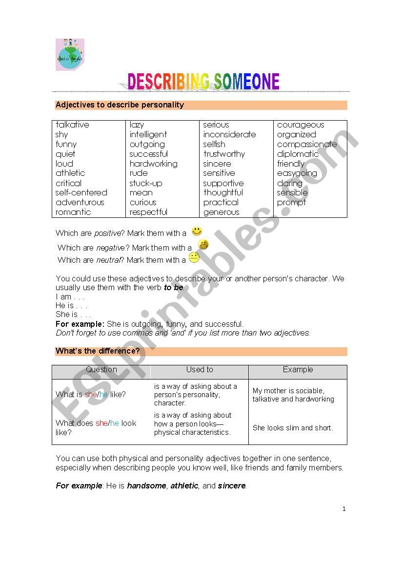 Describing Personalities worksheet