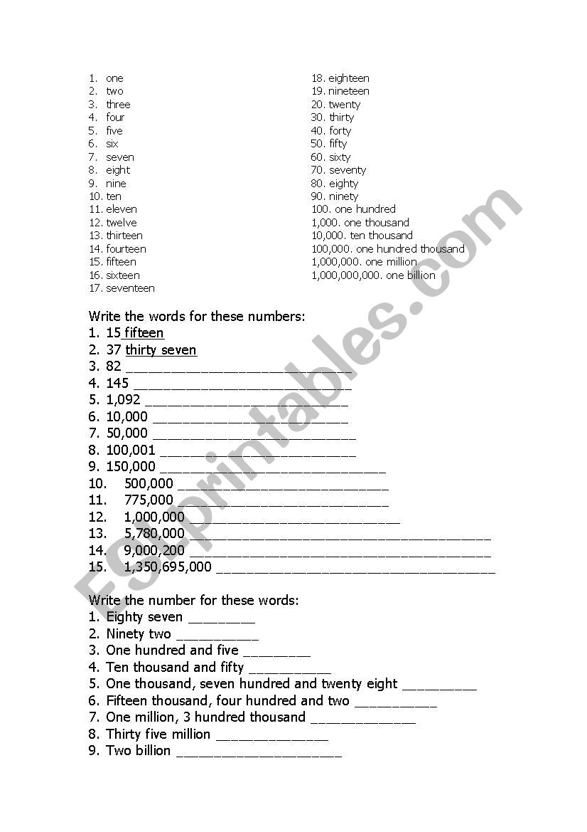 Numbers over 10 worksheet