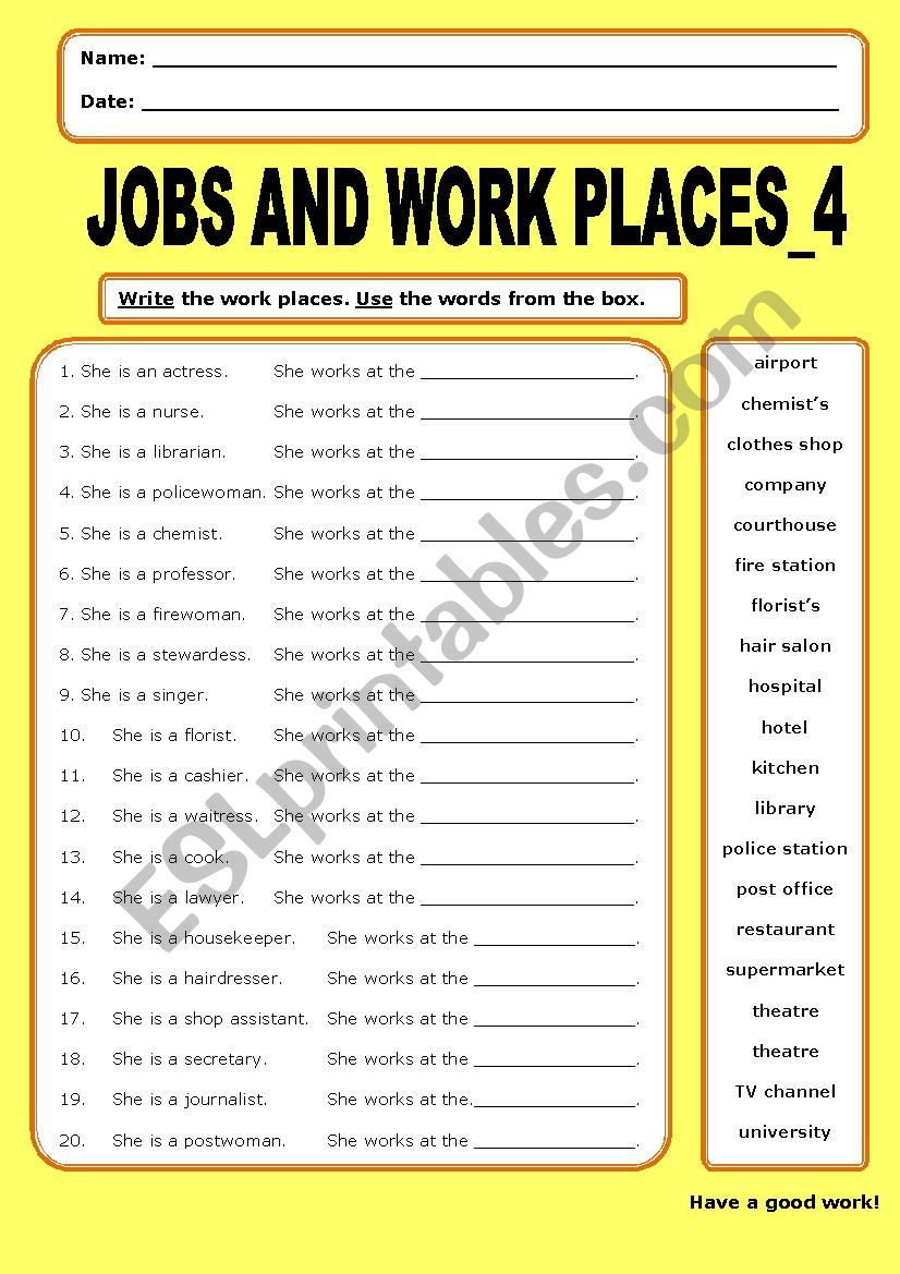 Jobs and Work Places:4 worksheet
