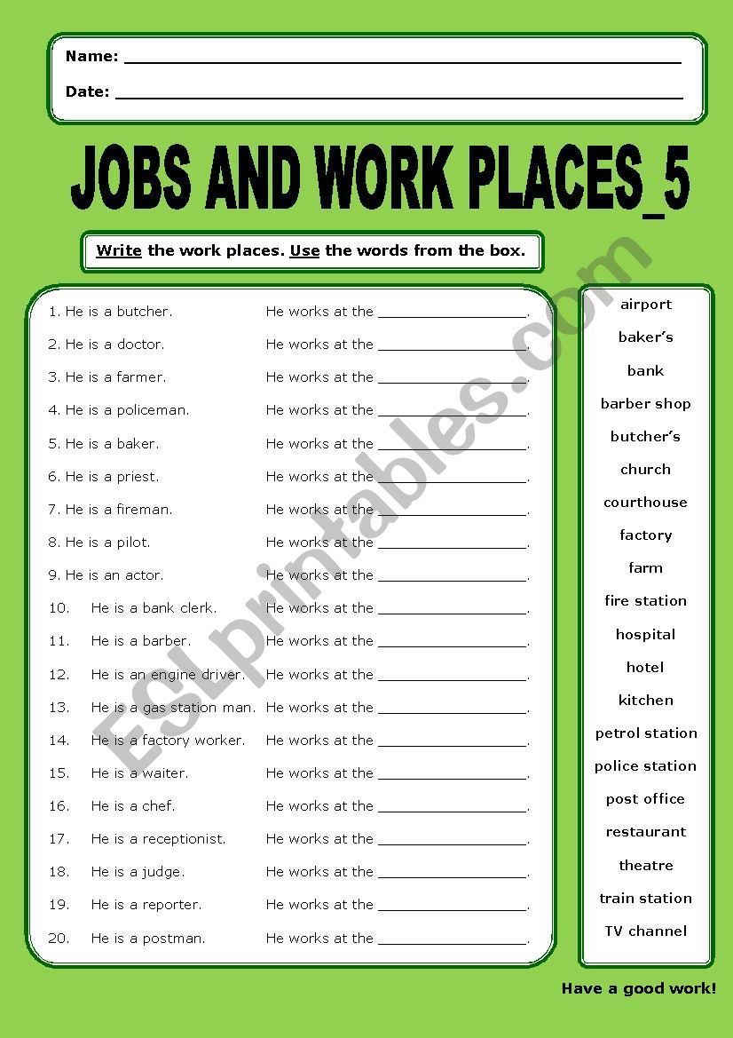 Jobs and Work Places:5 worksheet