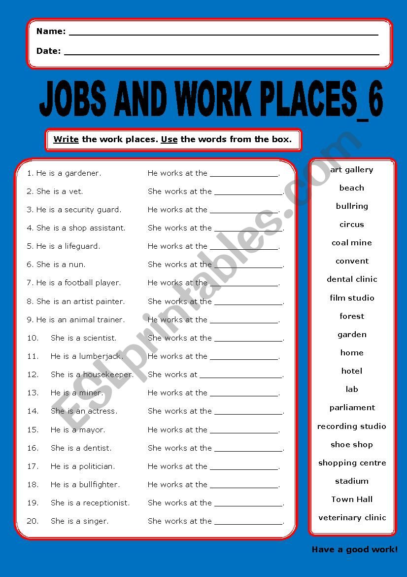Jobs and Work Places:6 worksheet