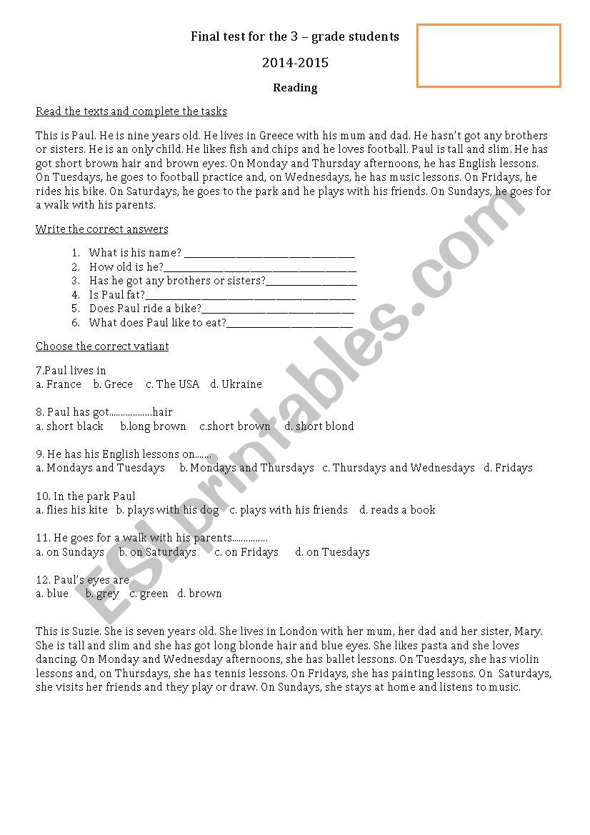 final test 1 semester 3 grade(reading)