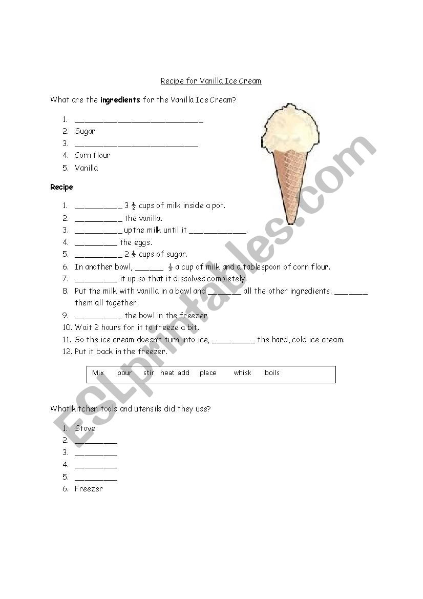 Recipe for Vanilla Ice Cream worksheet