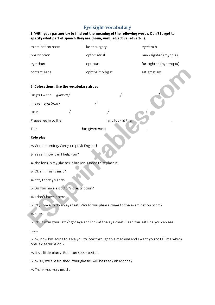 Eye sight vocabulary worksheet