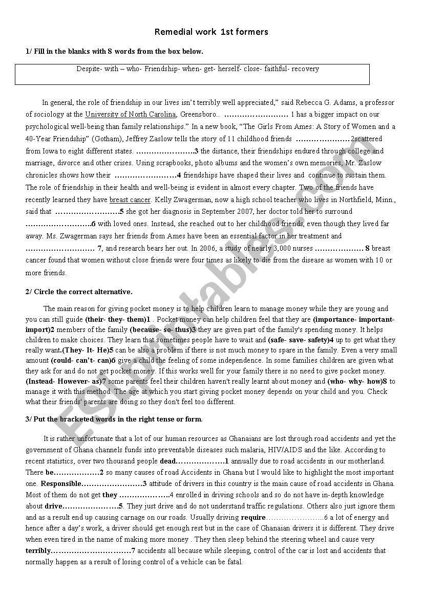 remedial work first formers worksheet