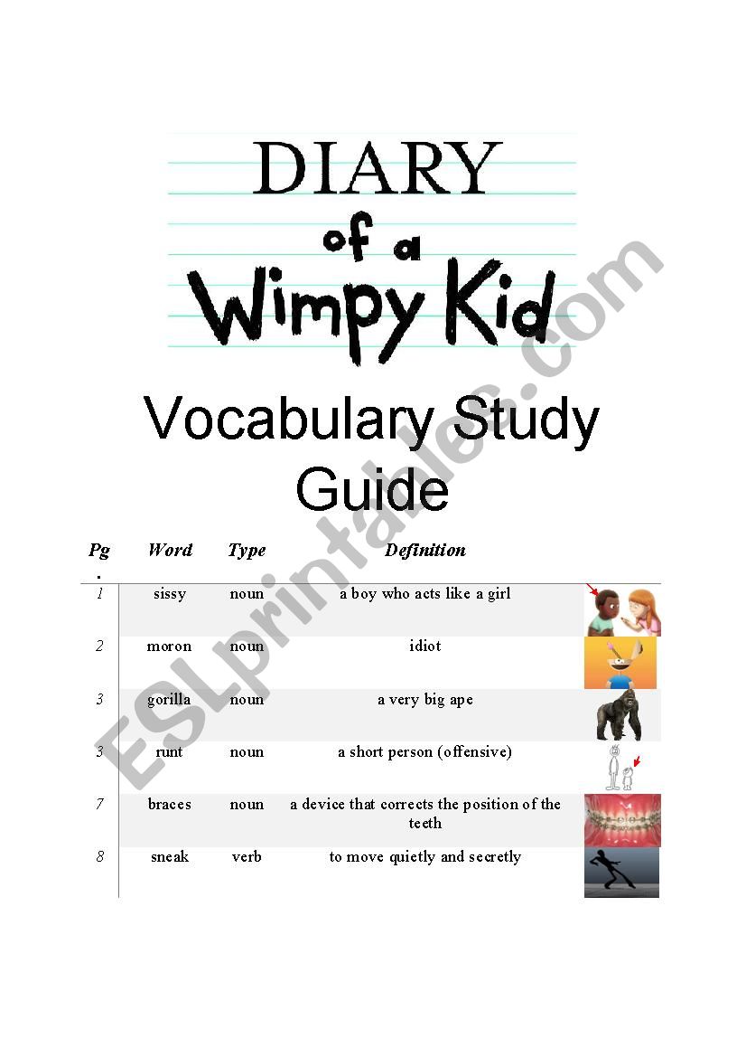 Diary of a Wimpy Kid Vocabulary Study Guide Part 1 of 3