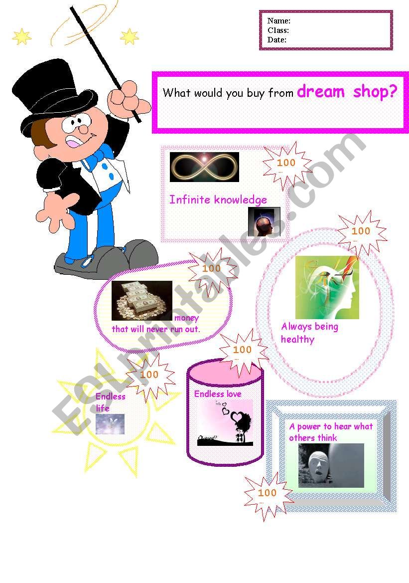 dream shop worksheet