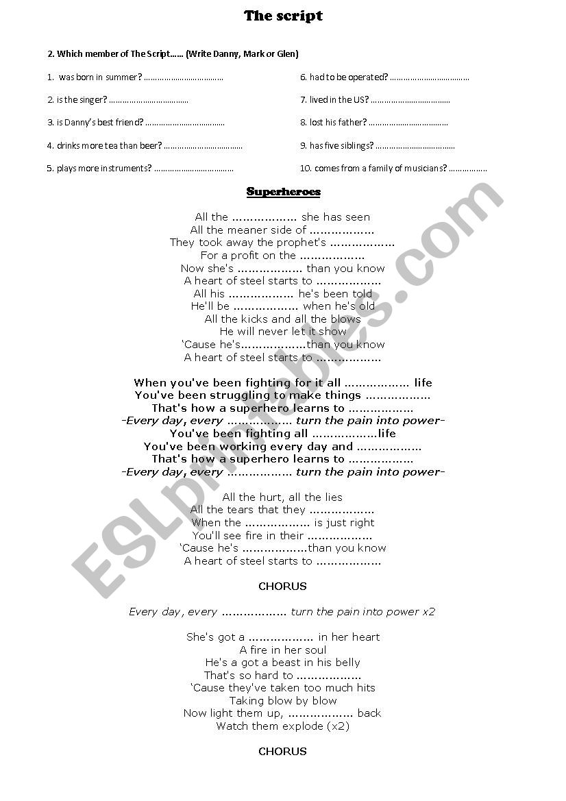 THE SCRIPT - SUPERHEROES - ESL worksheet by pawag