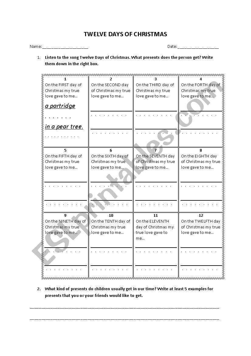 Twelve Days of Christmas worksheet