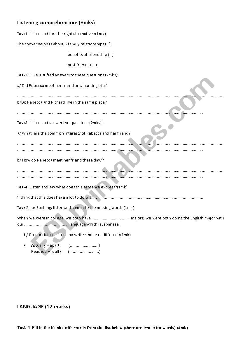 secon form test worksheet