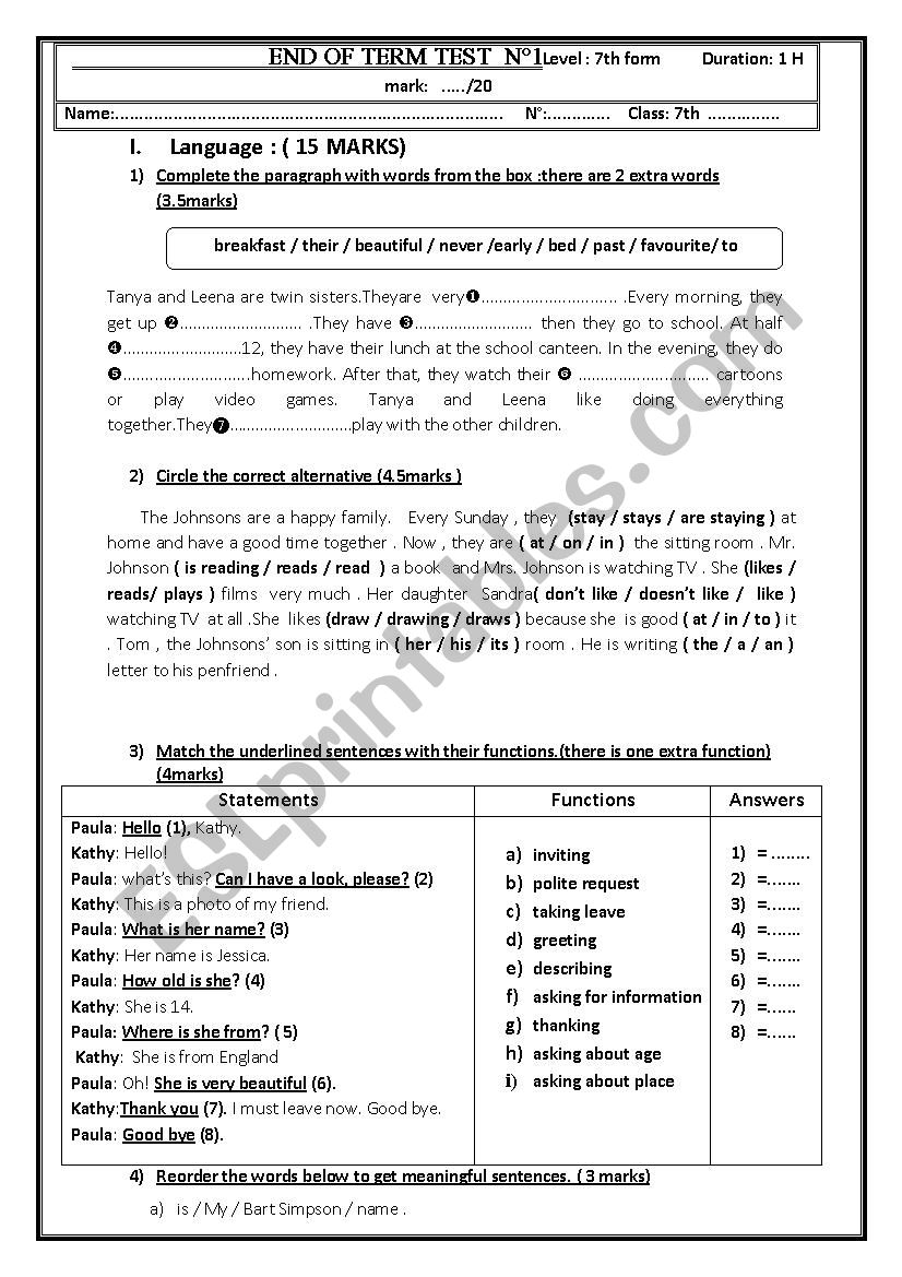 7th form end of term exam 1 worksheet