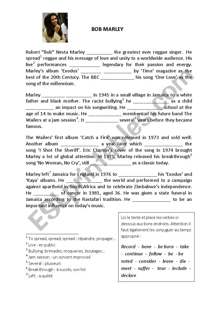 BOB MARLEY BIOGRAPHY worksheet