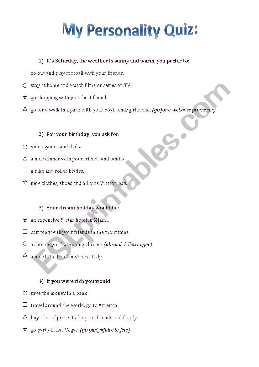 My personality test worksheet