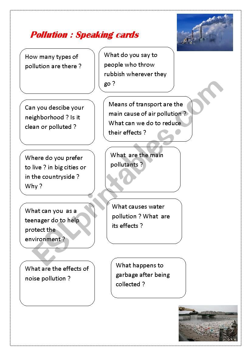 speaking cards about pollution - ESL worksheet by loujayn