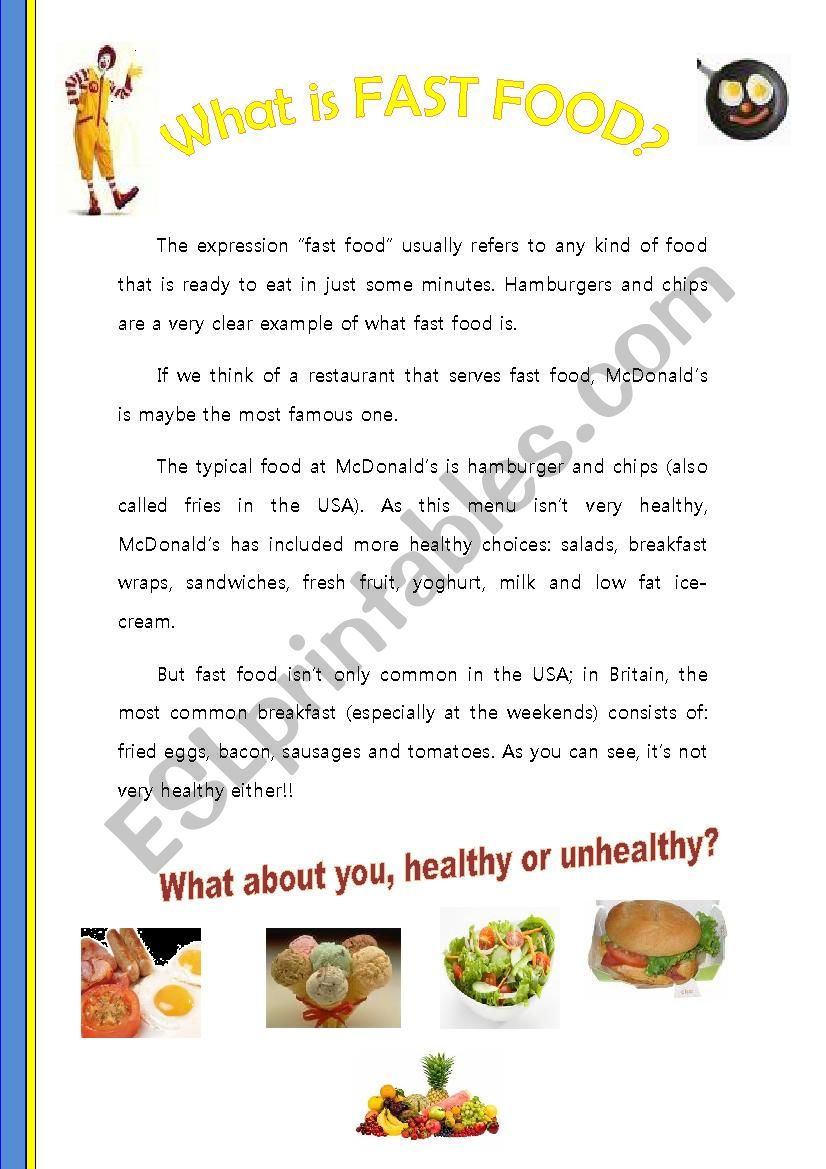 fast food worksheet