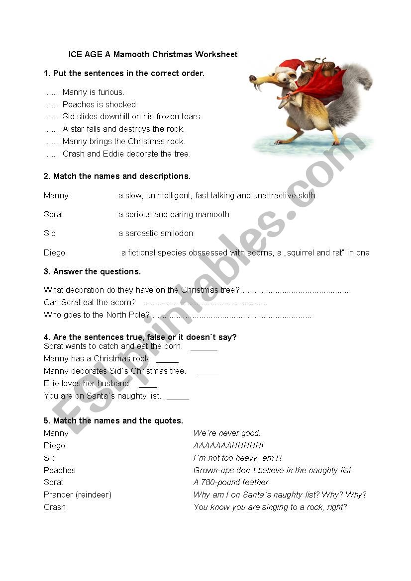 Ice Age Mamooth Christmas worksheet