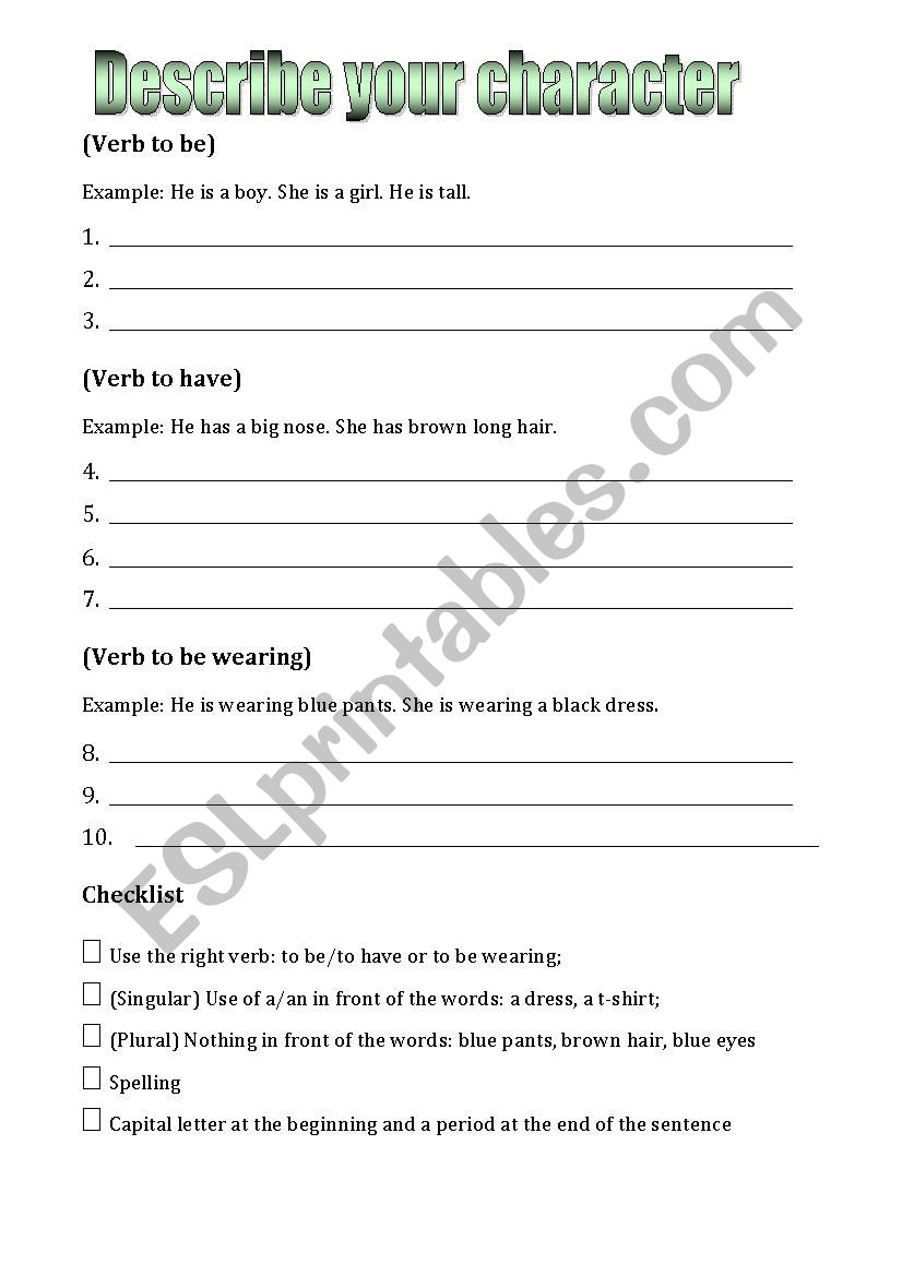 Describe your character worksheet