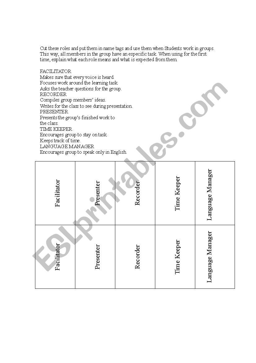 Roles for group work worksheet