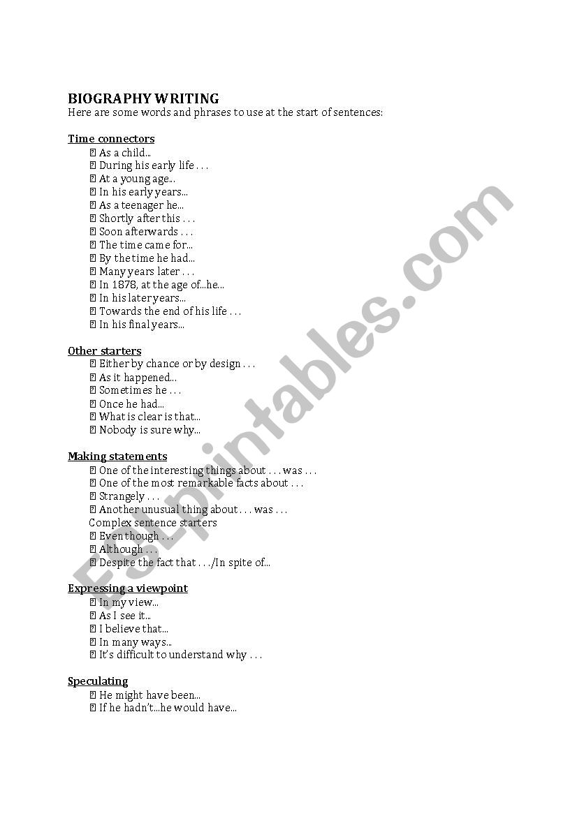 Biography Writing Stems worksheet