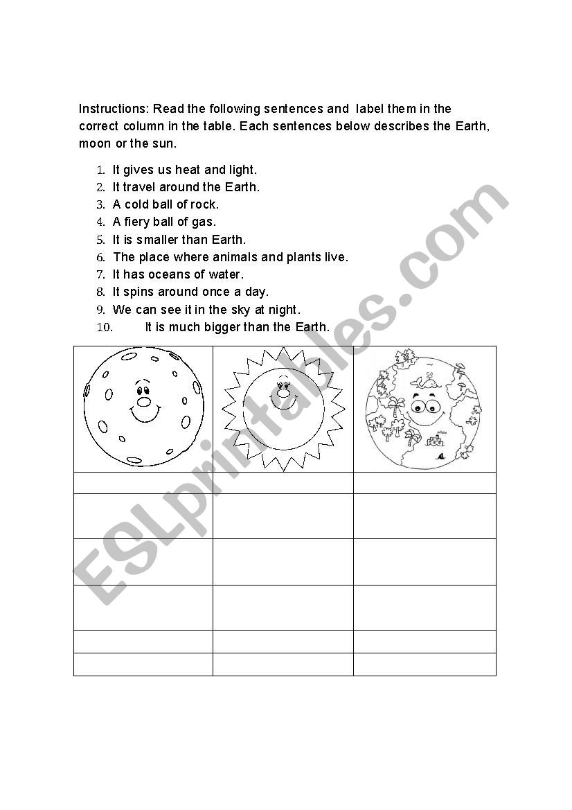 moon earth and sun worksheet