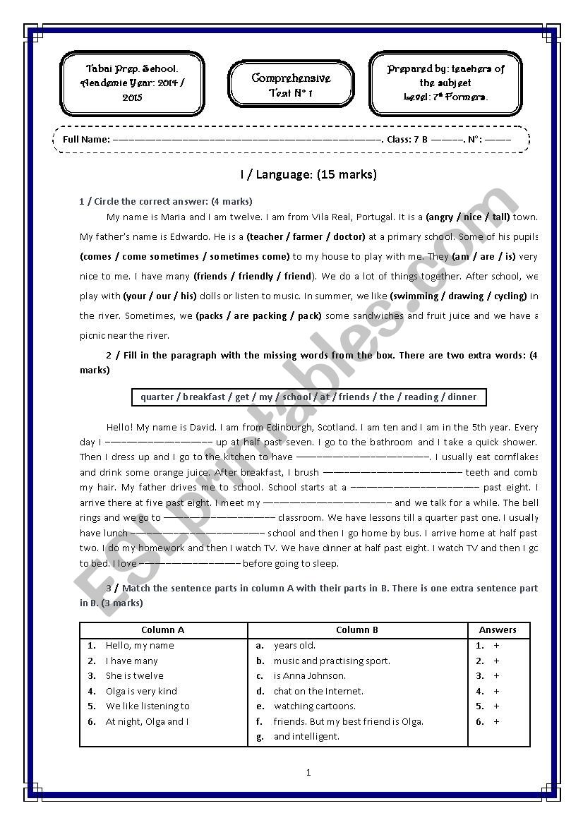 Comprehensive Test worksheet