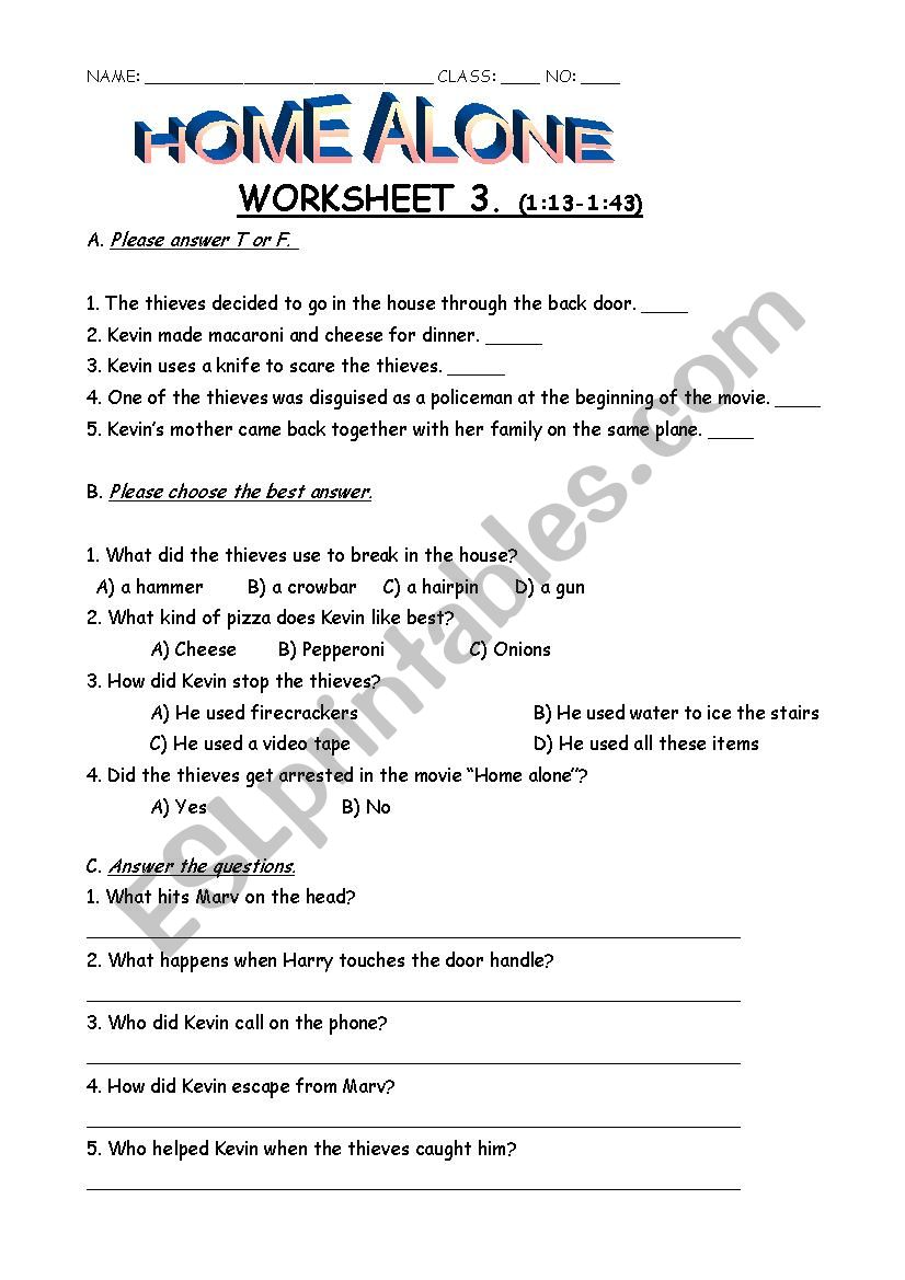 Home Alone 1 worksheet