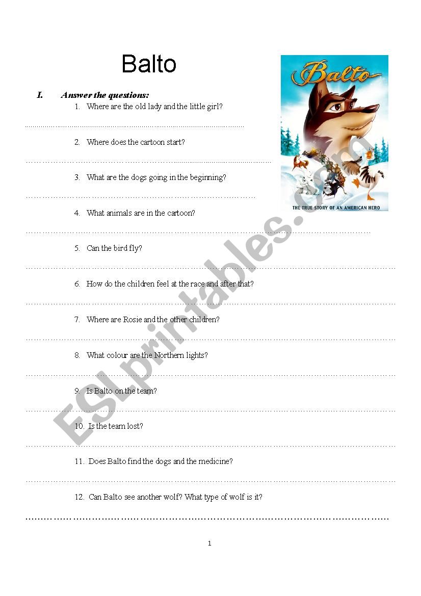 Balto 1 - cartoon worksheet worksheet