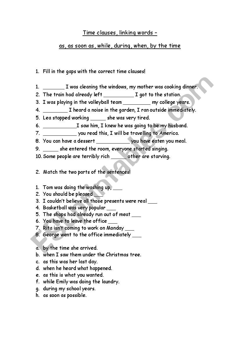 time clauses, linking words worksheet