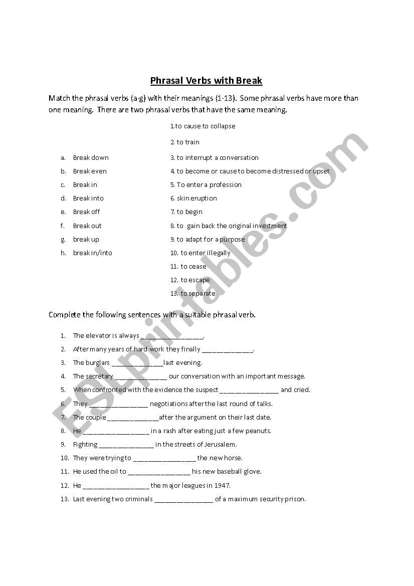 Phrasal verbs with break worksheet