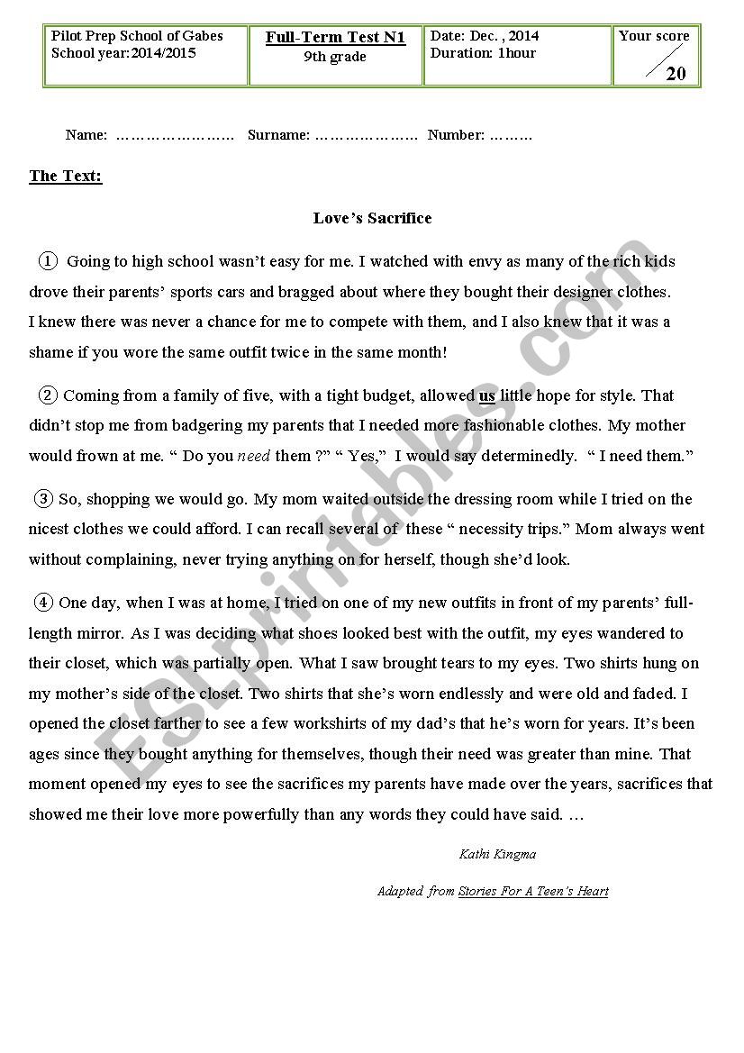 9th Grade End of term test1 worksheet