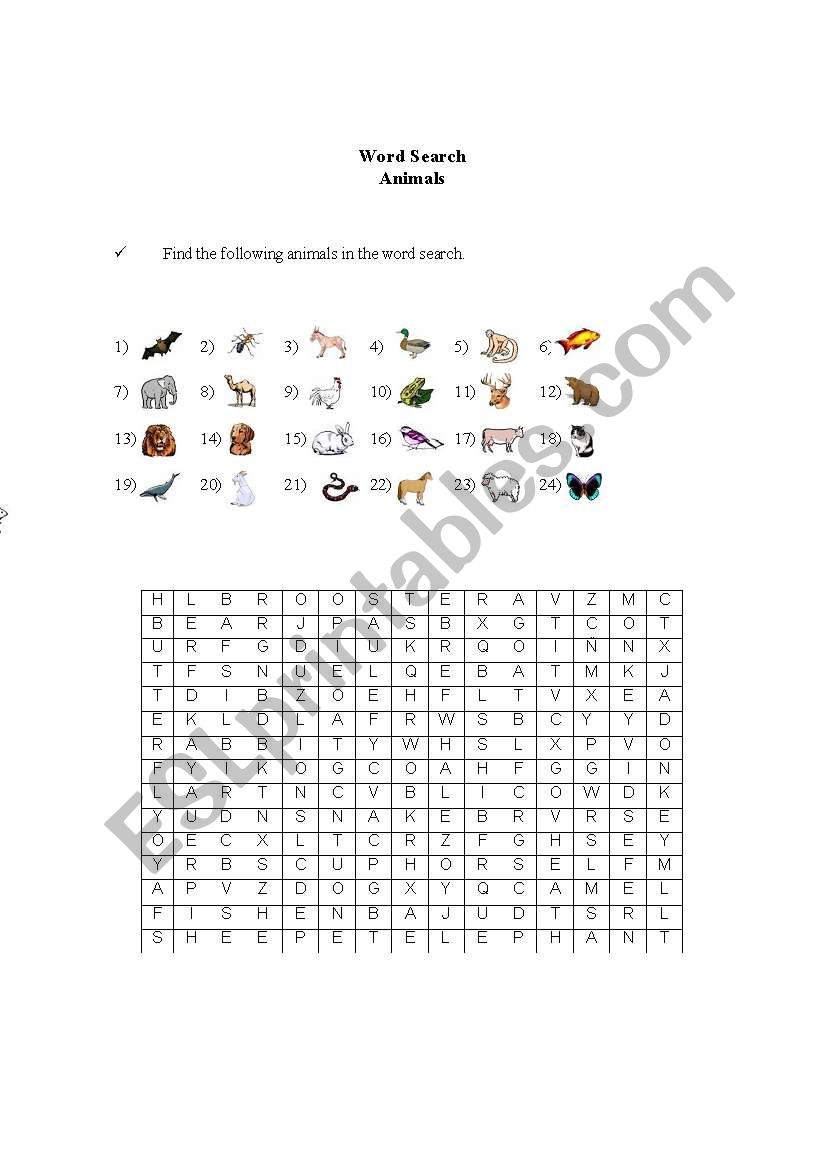 Wordsearch Animals worksheet