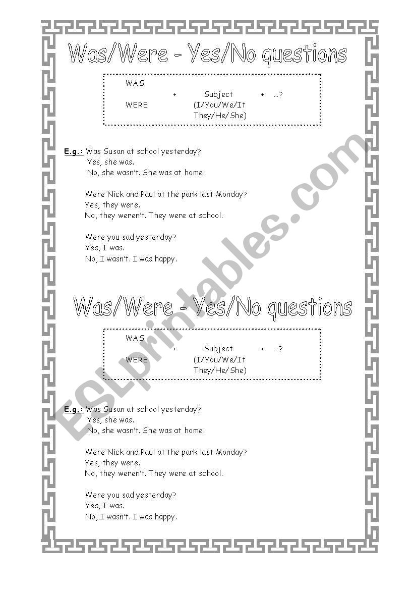 Was-Were (Yes/No Questions) worksheet