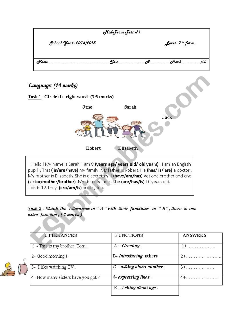 mid term test n1 for 7th form / Tunisian program