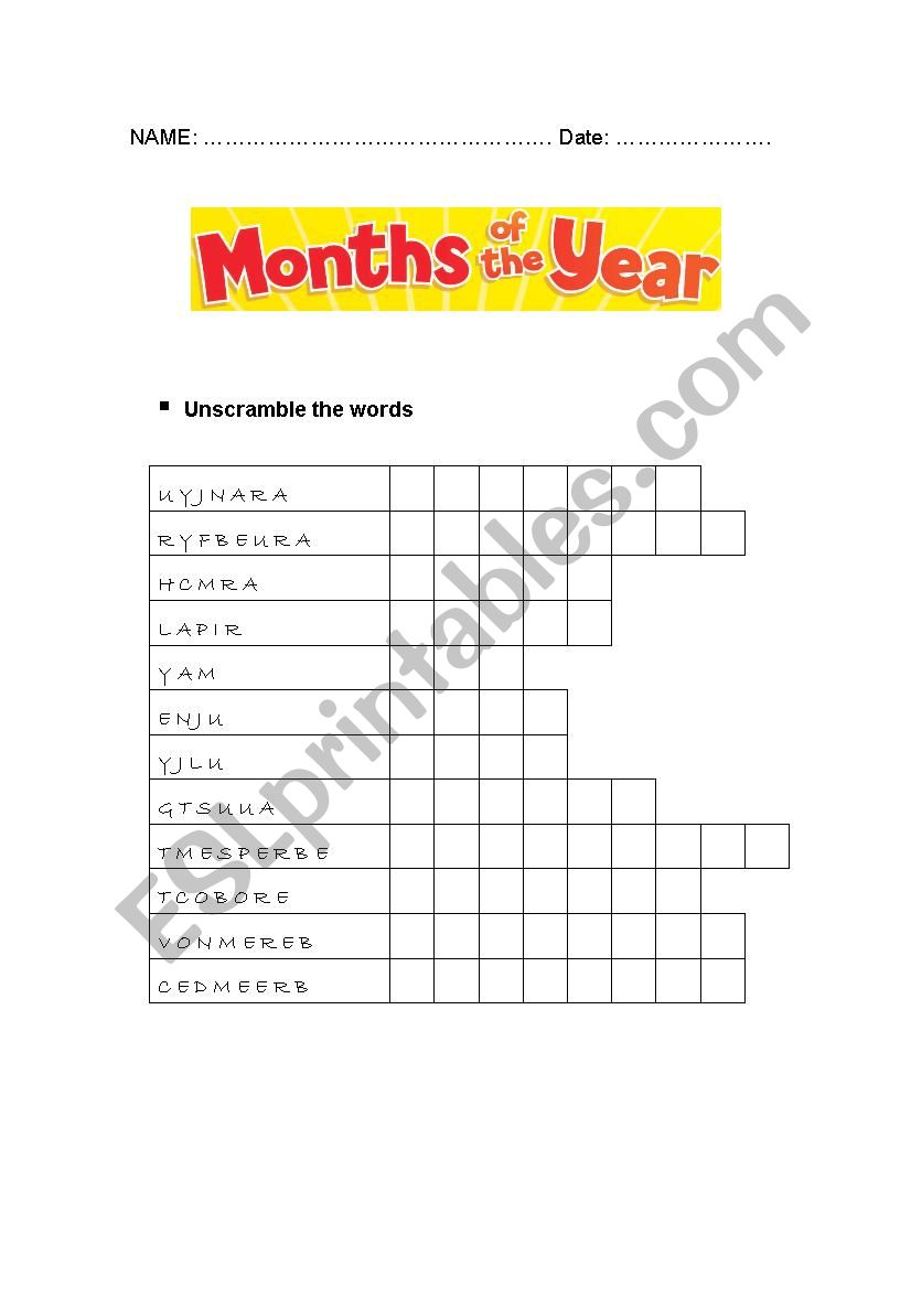 Months of the year worksheet