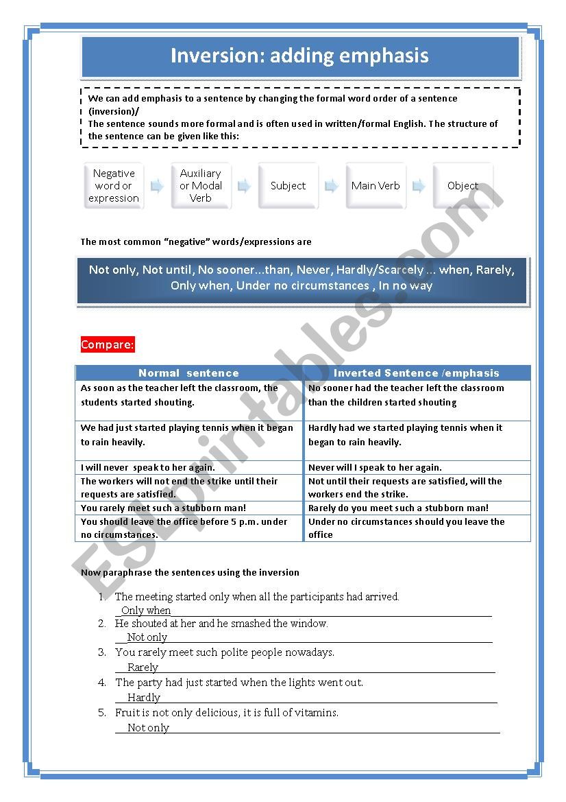 Inversion: adding emphasis worksheet