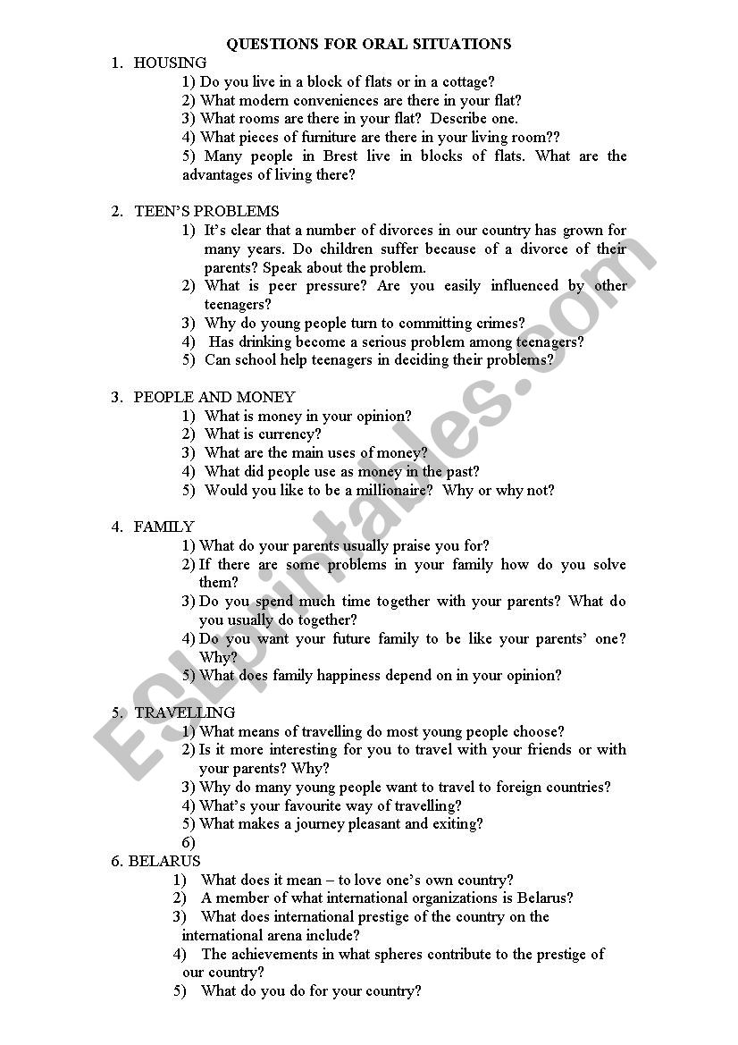 Questions for oral situations worksheet
