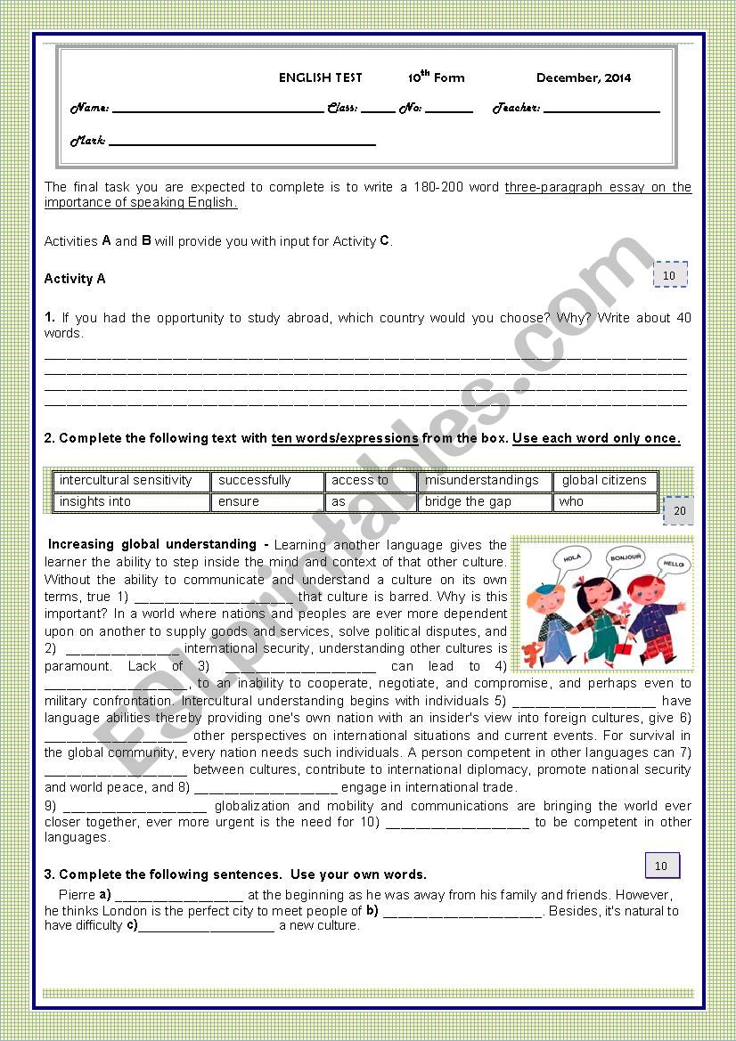 Test- YOUTH MOBILITY/STUDYING ABROAD/LEARNING ENGLISH