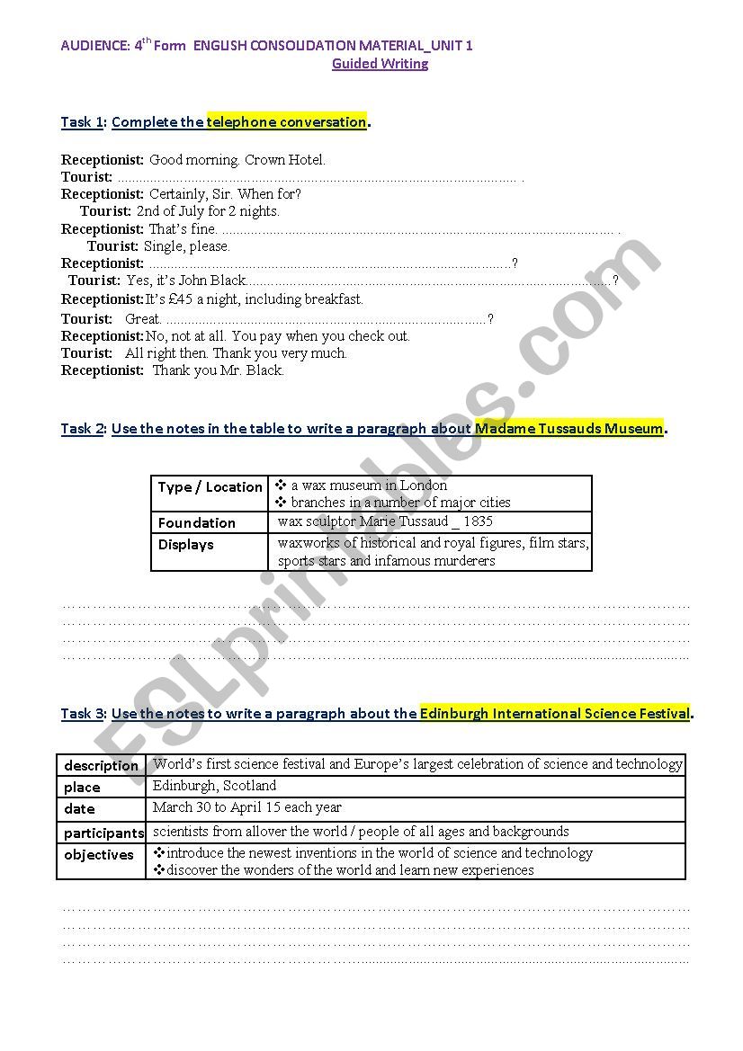 4th Form guided writing tasks worksheet