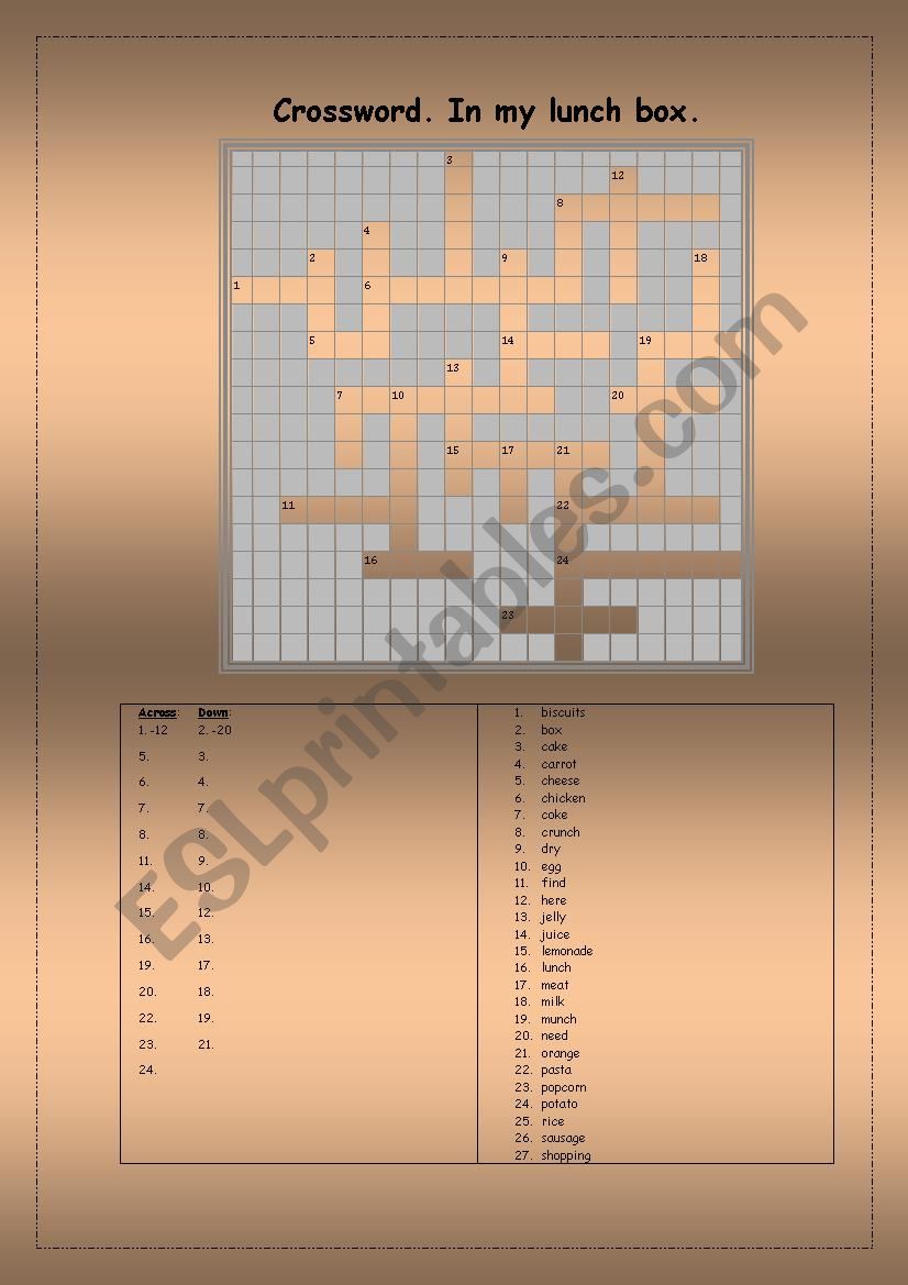 CROSSWORD with key. In my lunch box. Spotlight 3, Module 3 5-6