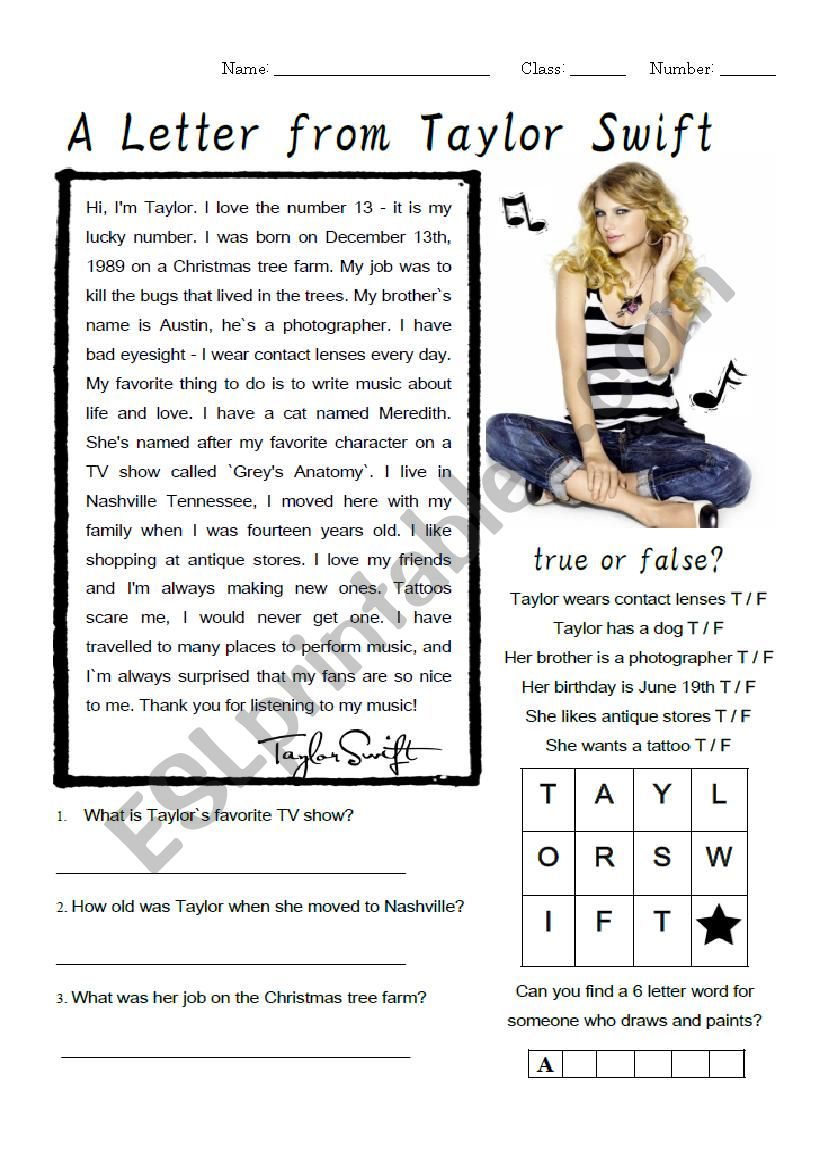 Taylor Swift Biography Worksheet