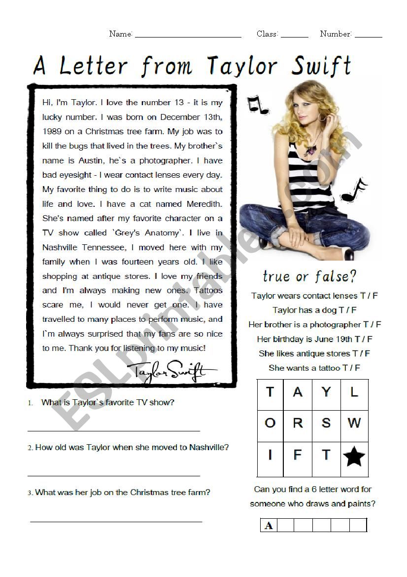 taylor swift biography worksheet