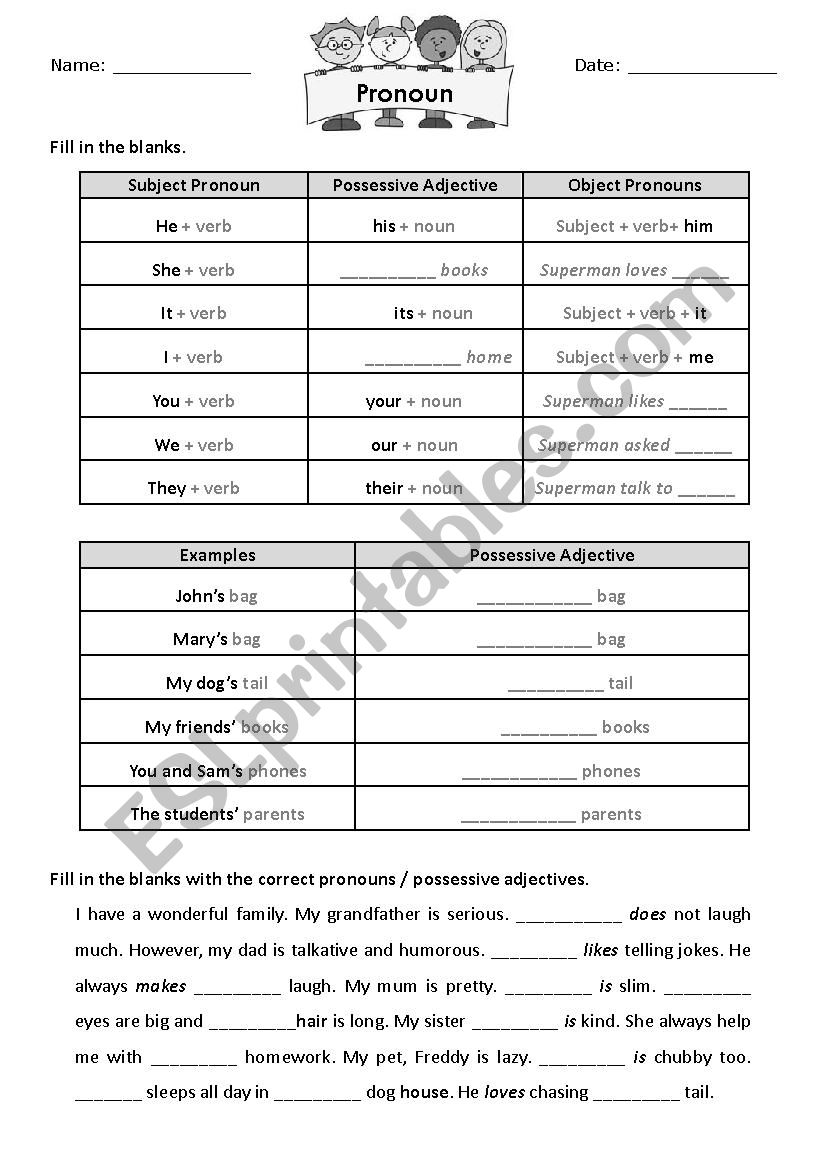 Possessive adjective, Subject and object pronoun