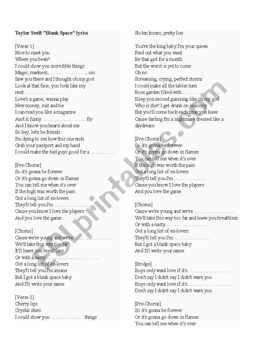 Taylor Swift - Blank Space worksheet