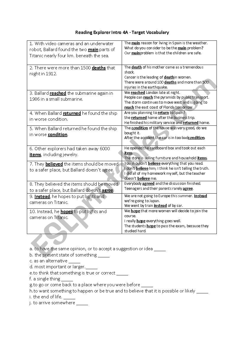 Target Vocabulary for Reading Explorer Intro Unit 4A