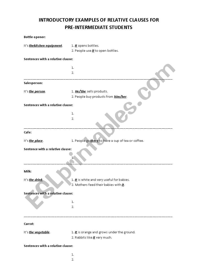 INTRODUCTORY EXAMPLES OF RELATIVE CLAUSES FOR  PRE-INTERMEDIATE STUDENTS