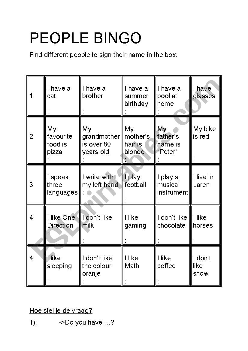 People bingo  worksheet
