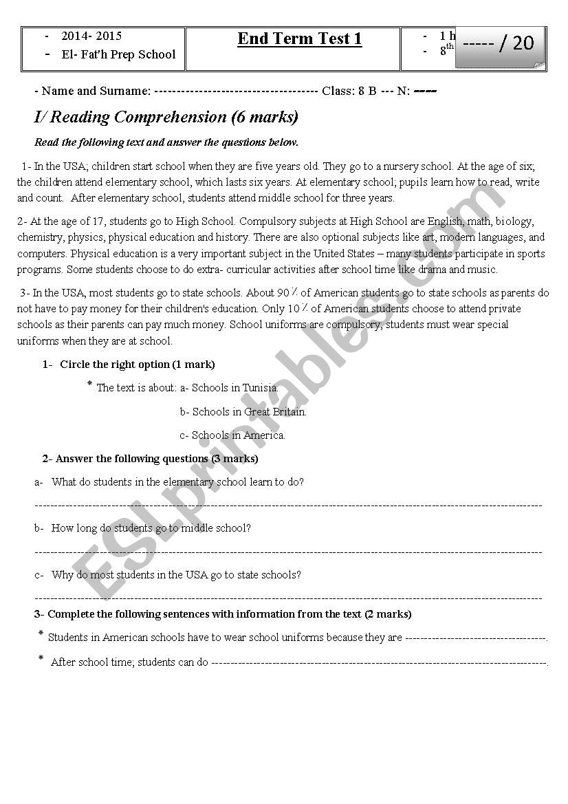 End term test 1 8th form worksheet