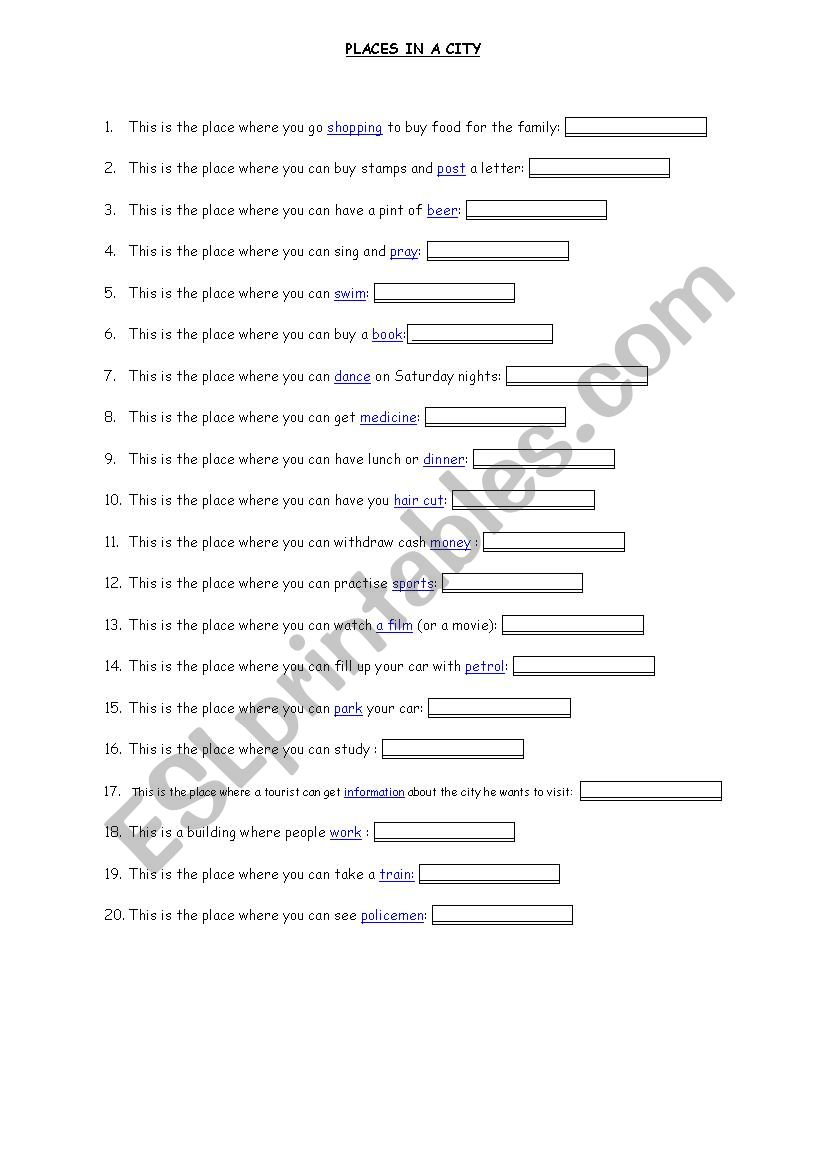City places  worksheet
