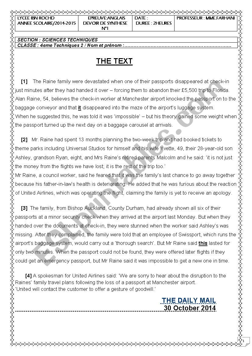 english test for 4th formers worksheet
