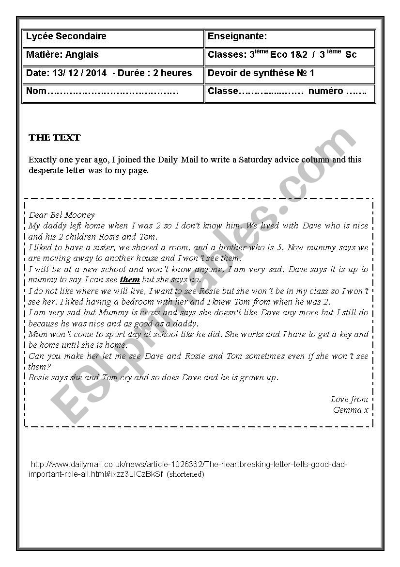 End of term test  3rd form (family&philanthropy)